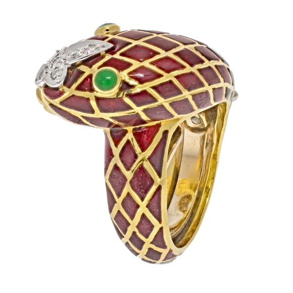 David Webb Platinum & 18K Yellow Gold Brown Enamel Diamond Snake Ring - Picture 4 of 4